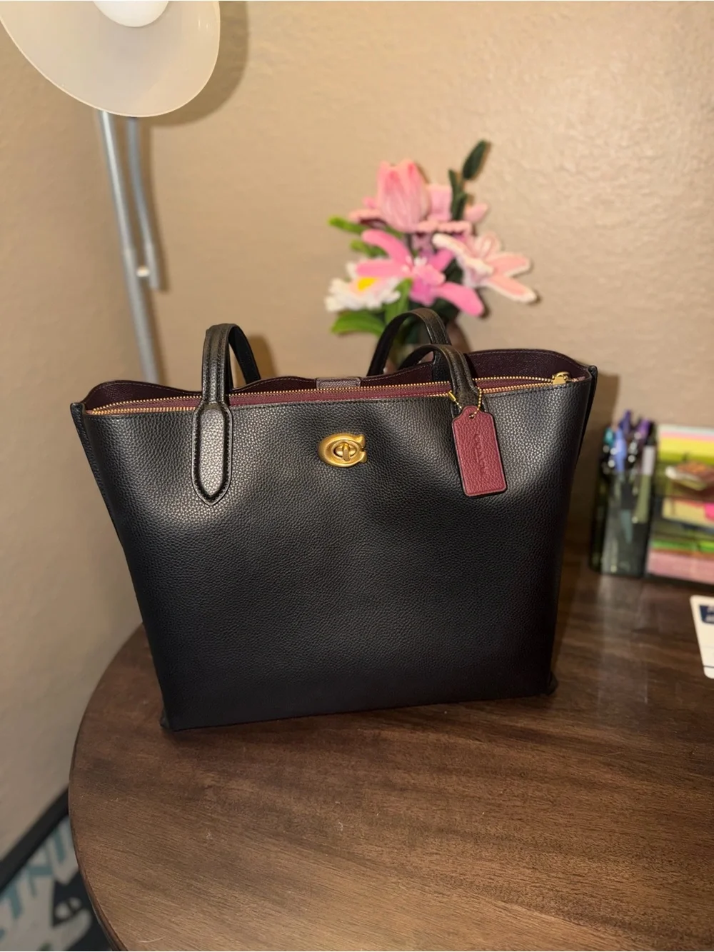 Coach Black Pebbled Leather Willow Tote with Burgundy Tag and Trim